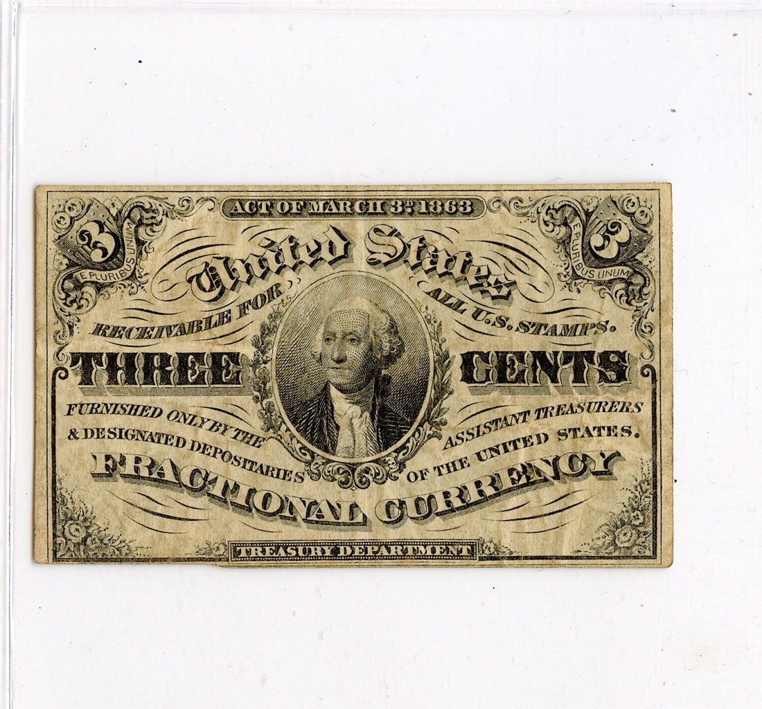 US Three Cents Fractional Currency, 1863 (1 of 2)