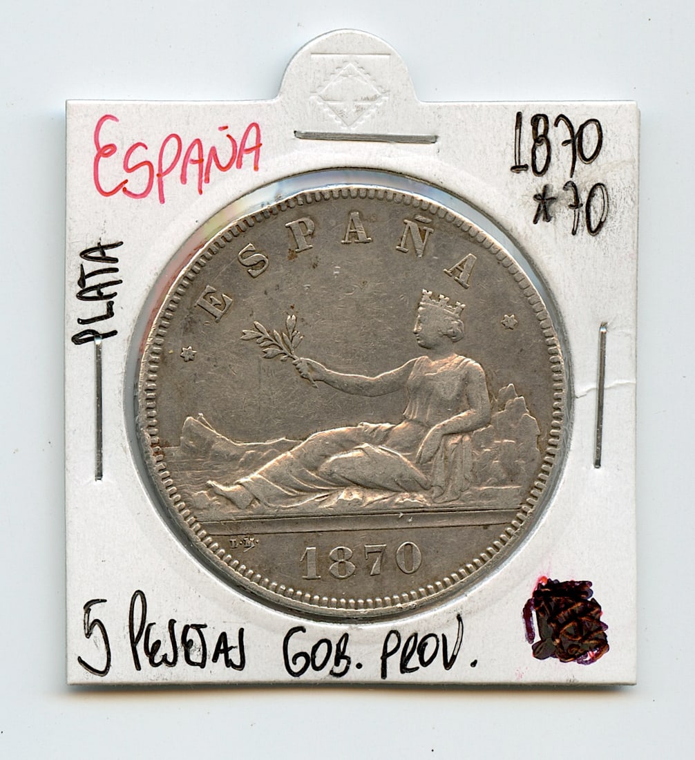 Scarce Silver Coin 1870 Spain Provisional 5 Pesetas (1 of 2)