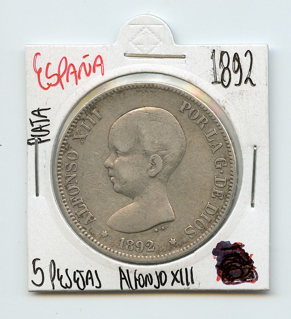 Scarce Silver Coin 1892 Baby King Alfonso XIII Spain 5 Pesetas (1 of 2)