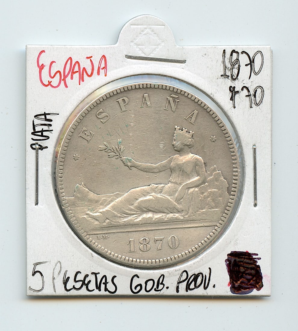 Scarce Silver Coin 1870 Spain Provisional 5 Pesetas (1 of 2)