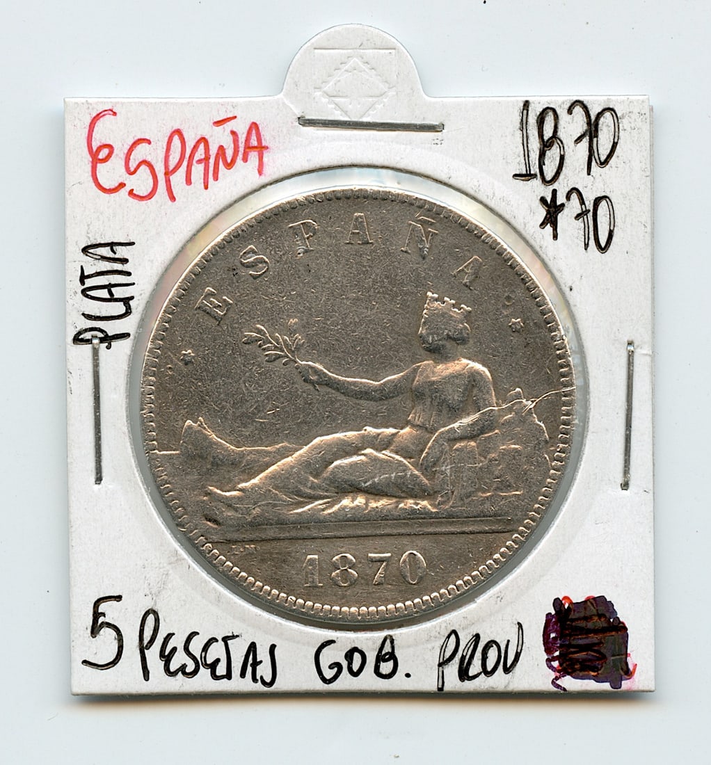 Scarce Silver Coin 1870 Spain Provisional 5 Pesetas (1 of 2)