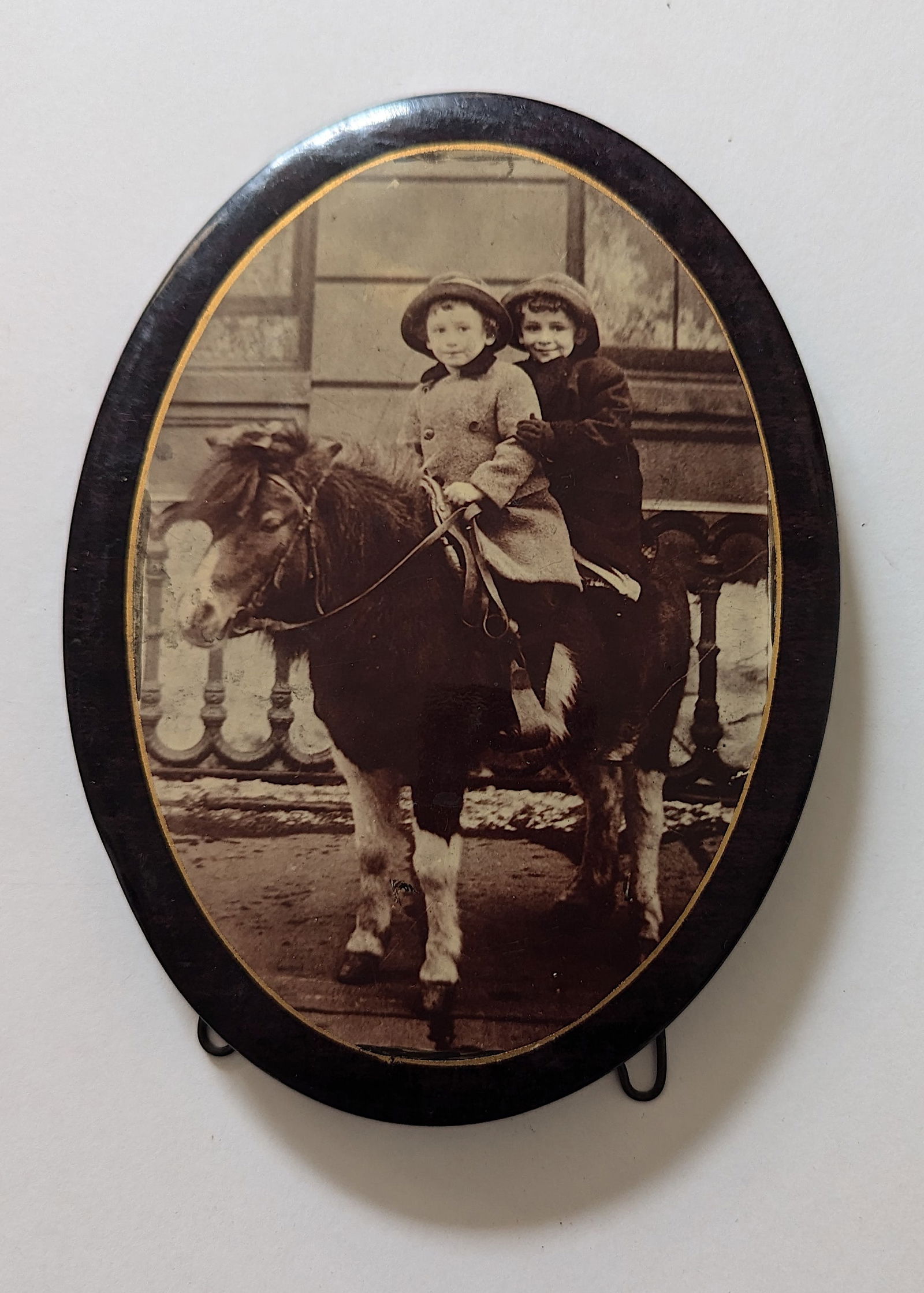 Antique Oval Tin Photograph Button Children and Pony (1 of 2)