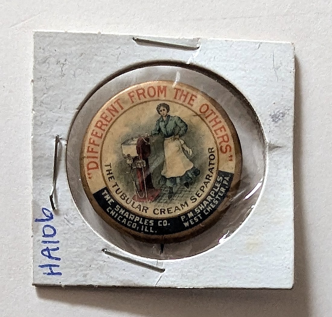 1890's The Tubular Cream Separator Pin Button: Provenance from a PBC Collector. The dimensions are Approx. 1.25" Diameter. We have included quality scans to show it's actual condition. This lot is located in Boca Raton, Fl and its shipment will be