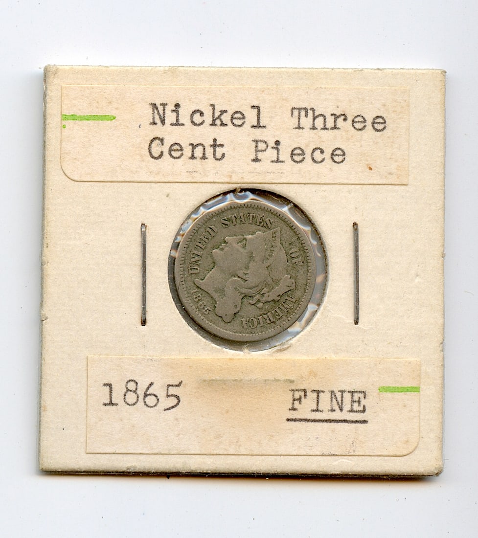 Collectors Coin Nickel 3 Cents 1865, Fine Cond. (1 of 2)
