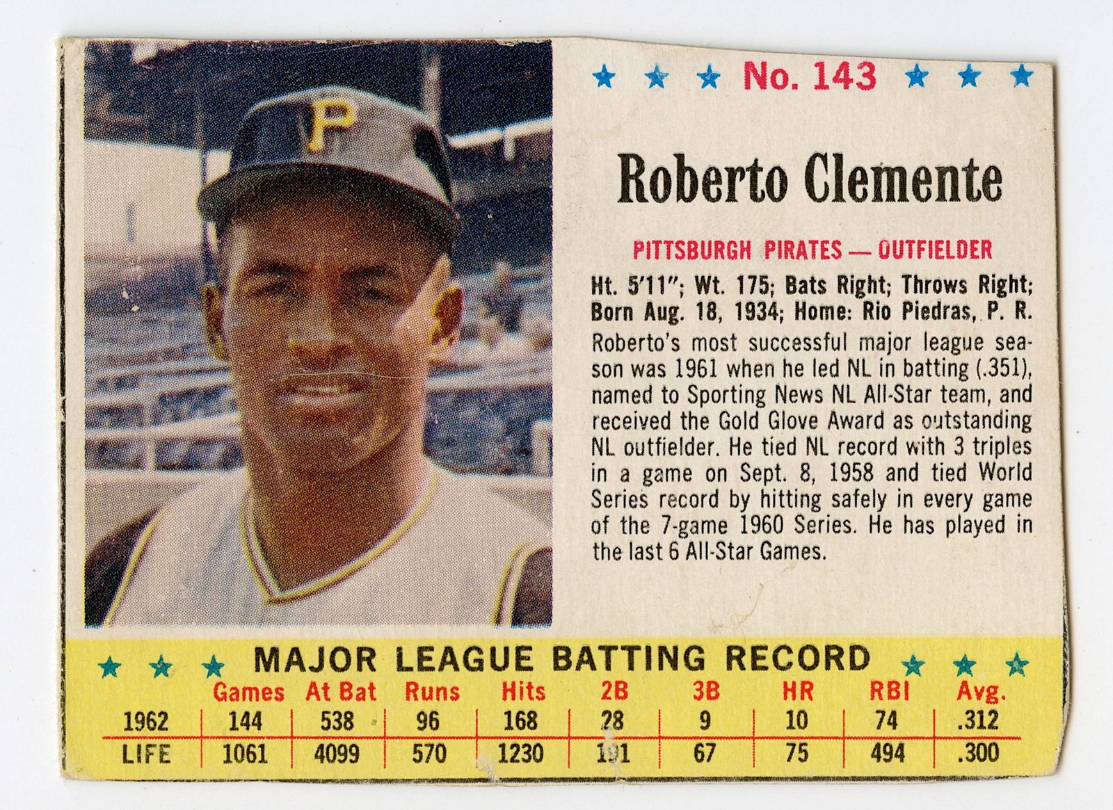 1963 POST #143 ROBERTO CLEMENTE PITTSBURGH PIRATES (1 of 2)