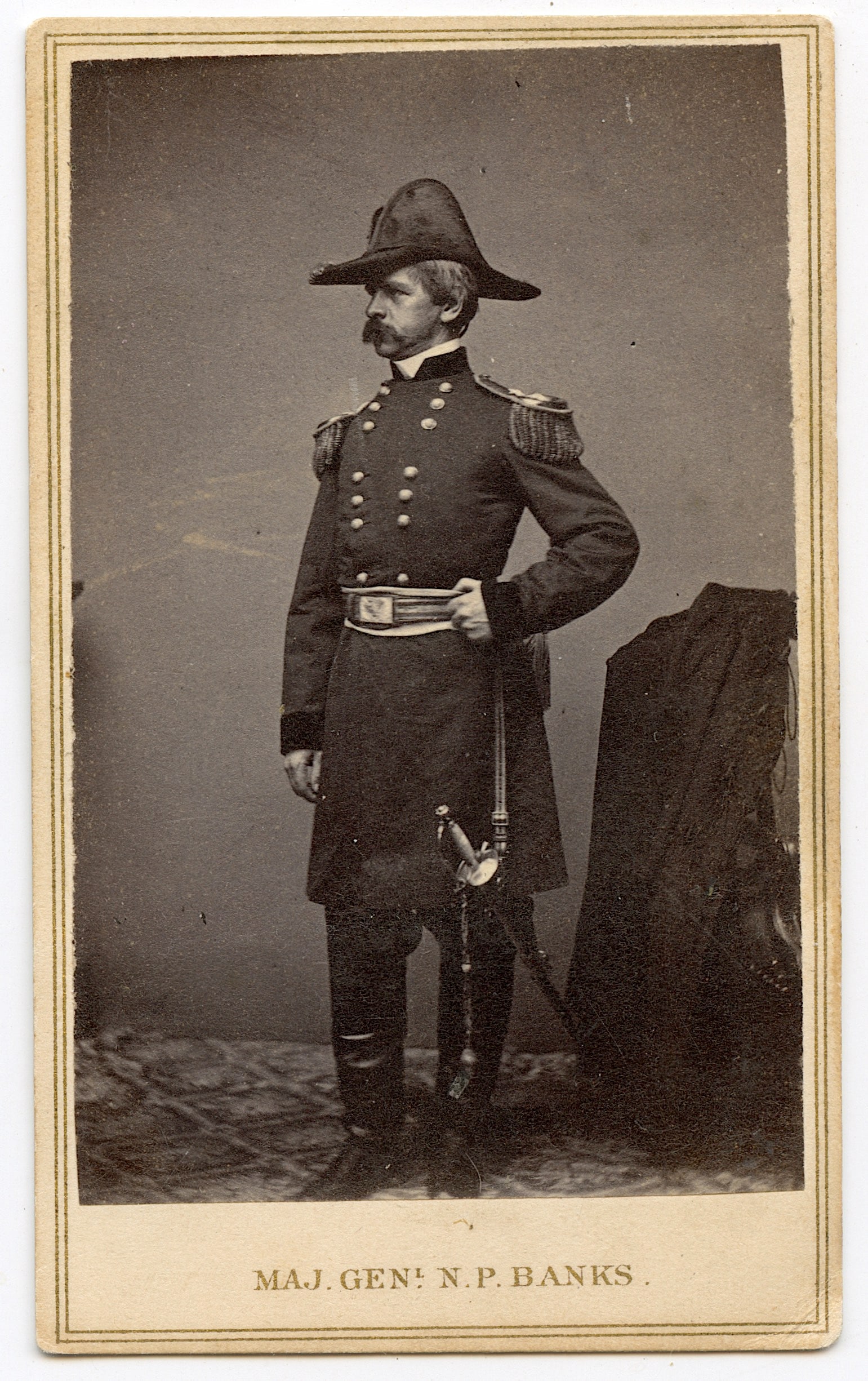 CDV Banks in Dress Uniform with Sword Photo from Brady Negative: Banks in Dress Uniform with Sword. Photo by Anthony from Math Brady negative. Union Gen. Nath P. Banks, Gov. of Mass 1859 - 61; Maj. Gen of Mass 1861; Comdr. Dept of the Gulf 1863; served 6 terms in U