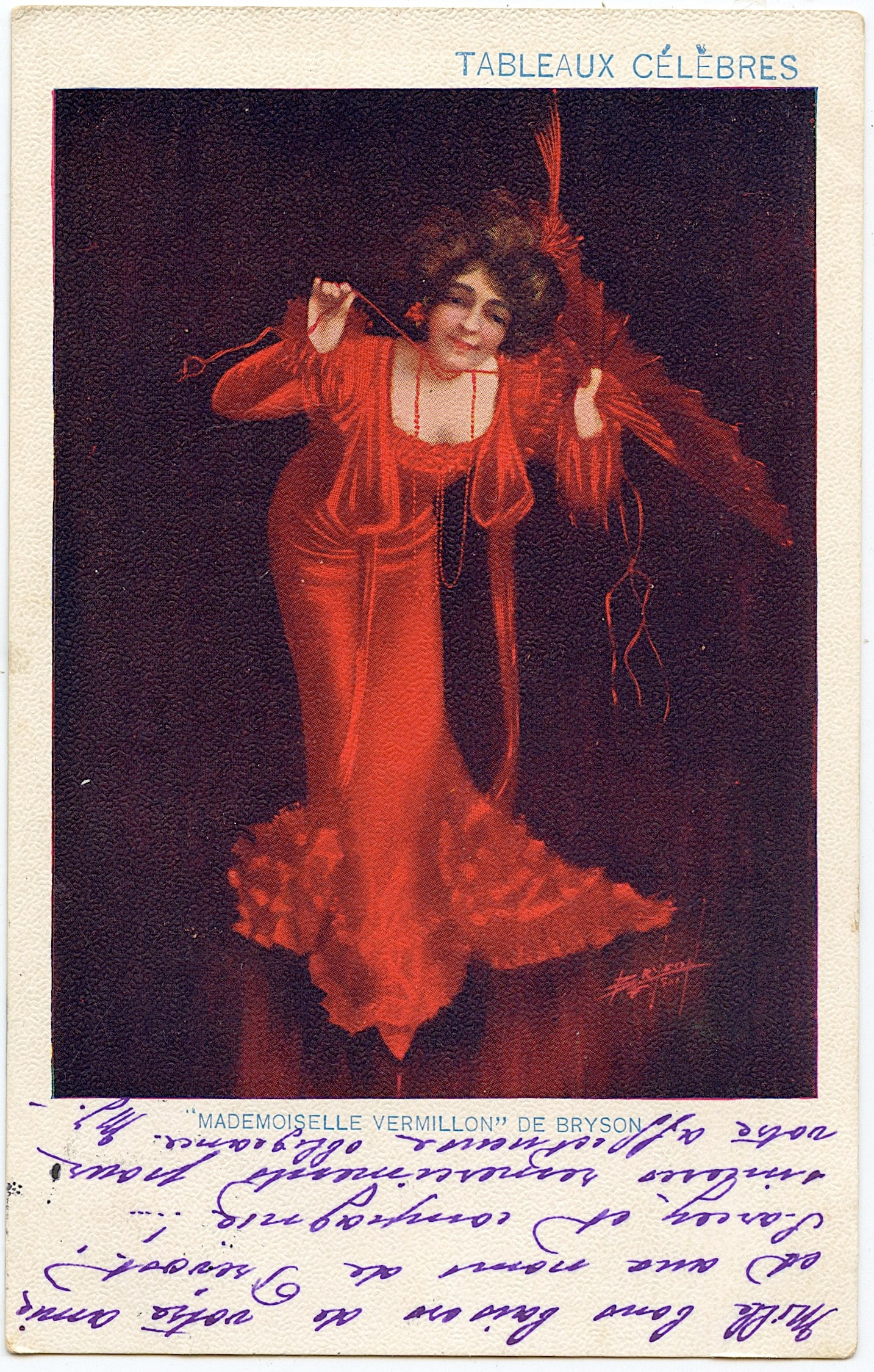 Antique Rare Postcard Mademoiselle Vermillon De Bryson: Provenance from a PBC Collector. We have included quality scans to show it's actual condition. The dimensions of an antique postcard are Approx. 5.5"x 3.5" (small variances can occur). This lot is loc