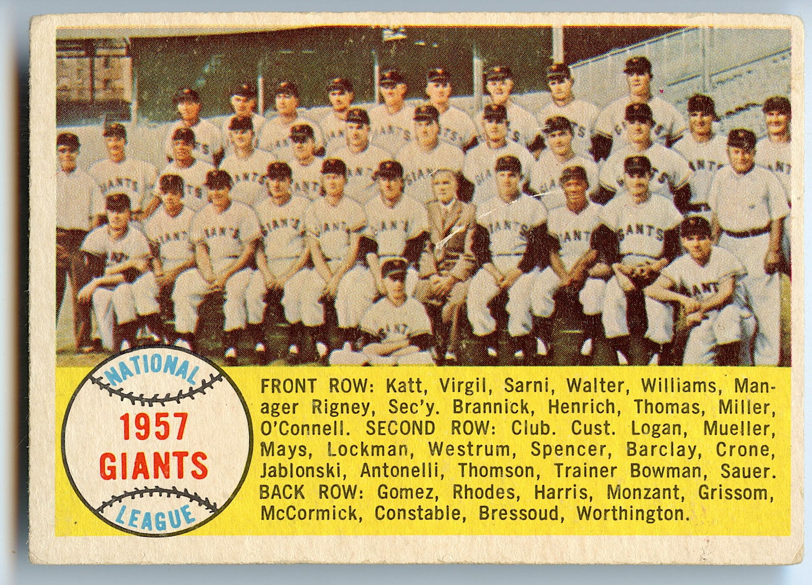 1958 Topps Baseball #19 1957 Giants Team (1 of 2)