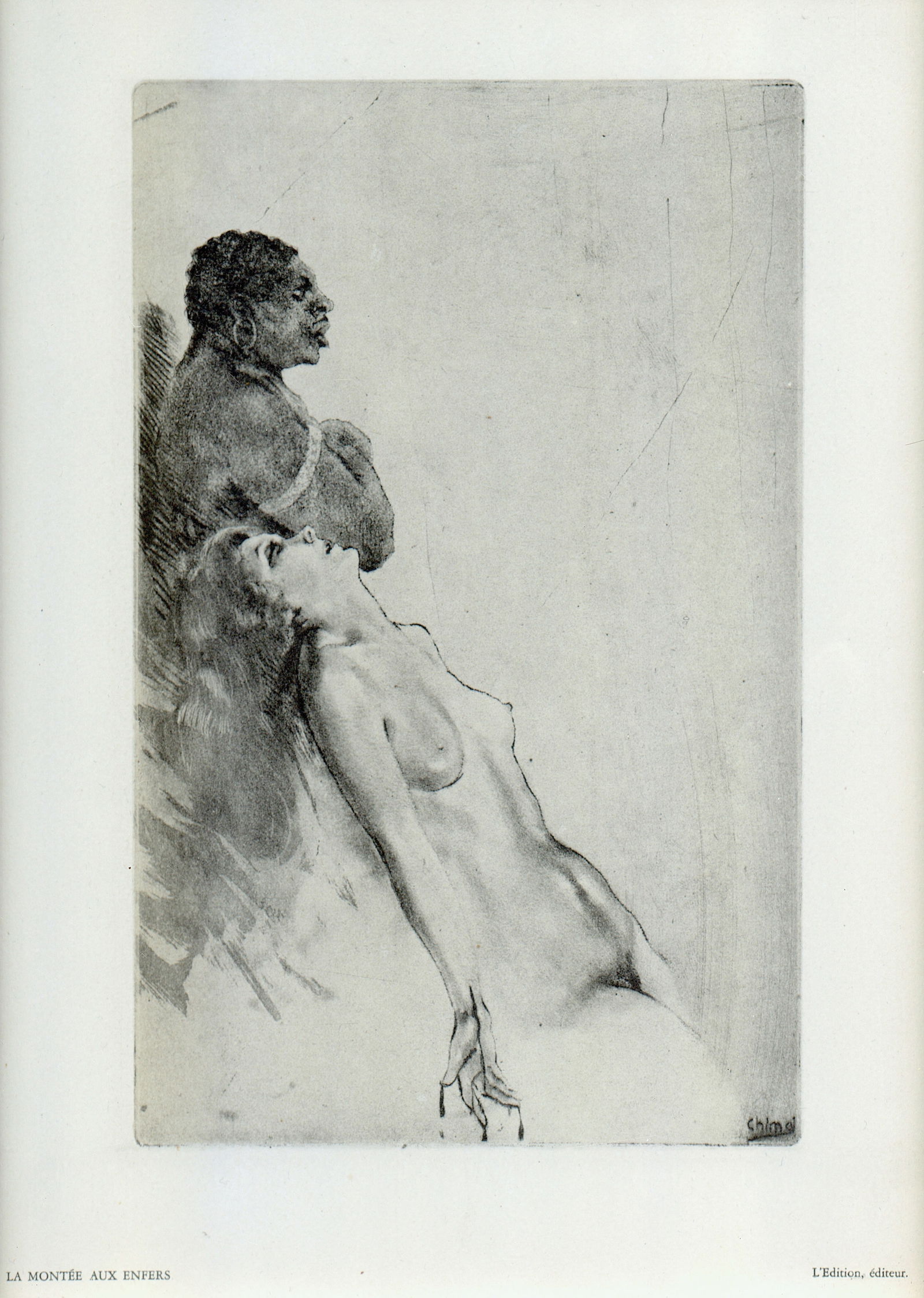 Edouard Chimot 1880-1959) Vintage Stone Lithograph Nude, 1931: This vintage french lithograph is framed with glass protection. The frame dimensions are Approx 11.9" x 9". The provenance of this lot is from a quality collector in South Florida. We have included qu