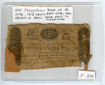 1815 Schuylkill Bank of PA Note. 12 1/2 Cents Has Repair