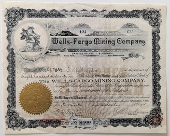 Scarce Share Certificate Wells-Fargo Mining Company, 872 Shares