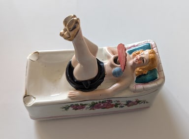 Vintage Porcelain Ashtray PinUp Lady Rocking Legs and Fan, 1930s