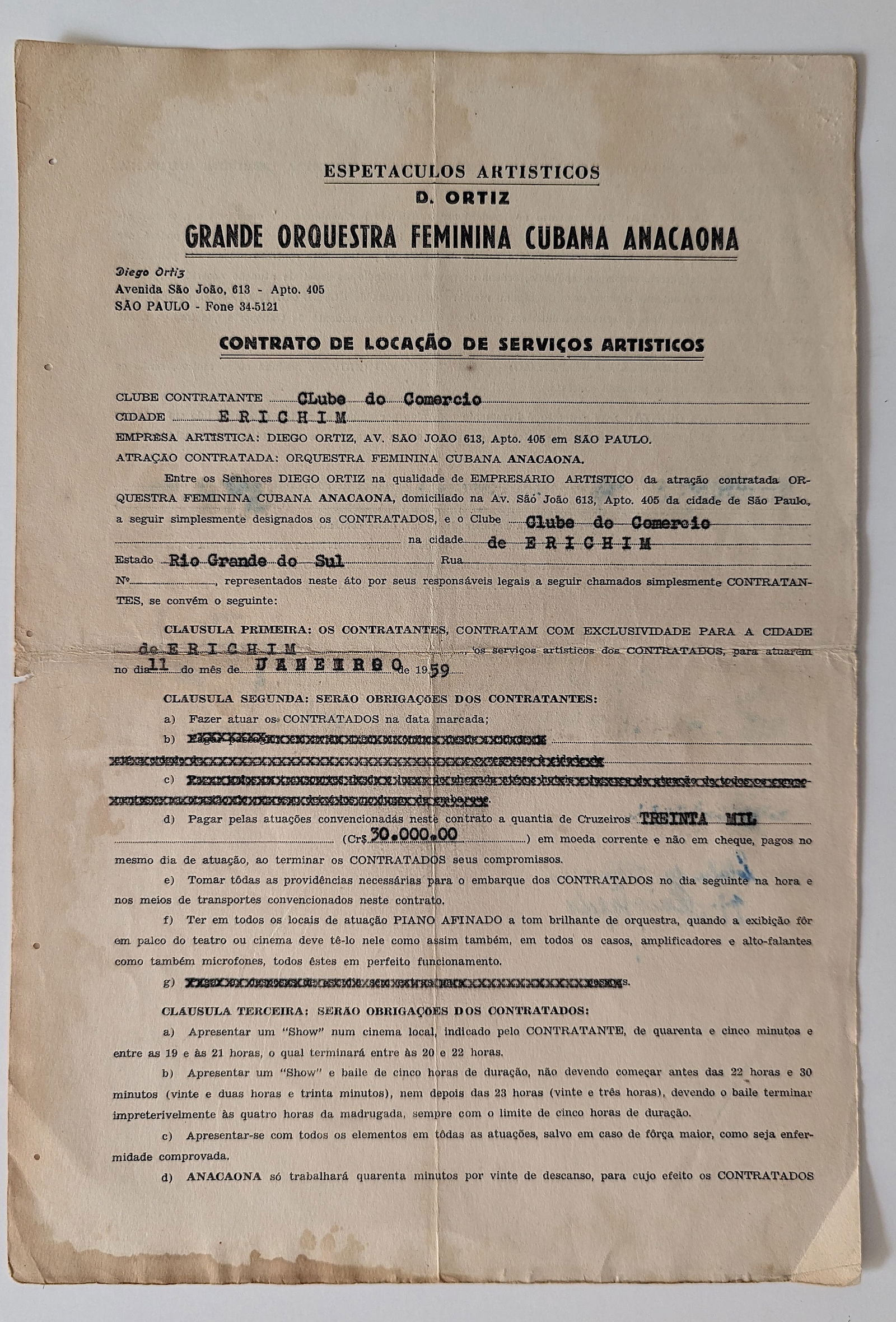 Historical Cuban Salsa Music Document Contract ANACAONA, 1959 (1 of 2)