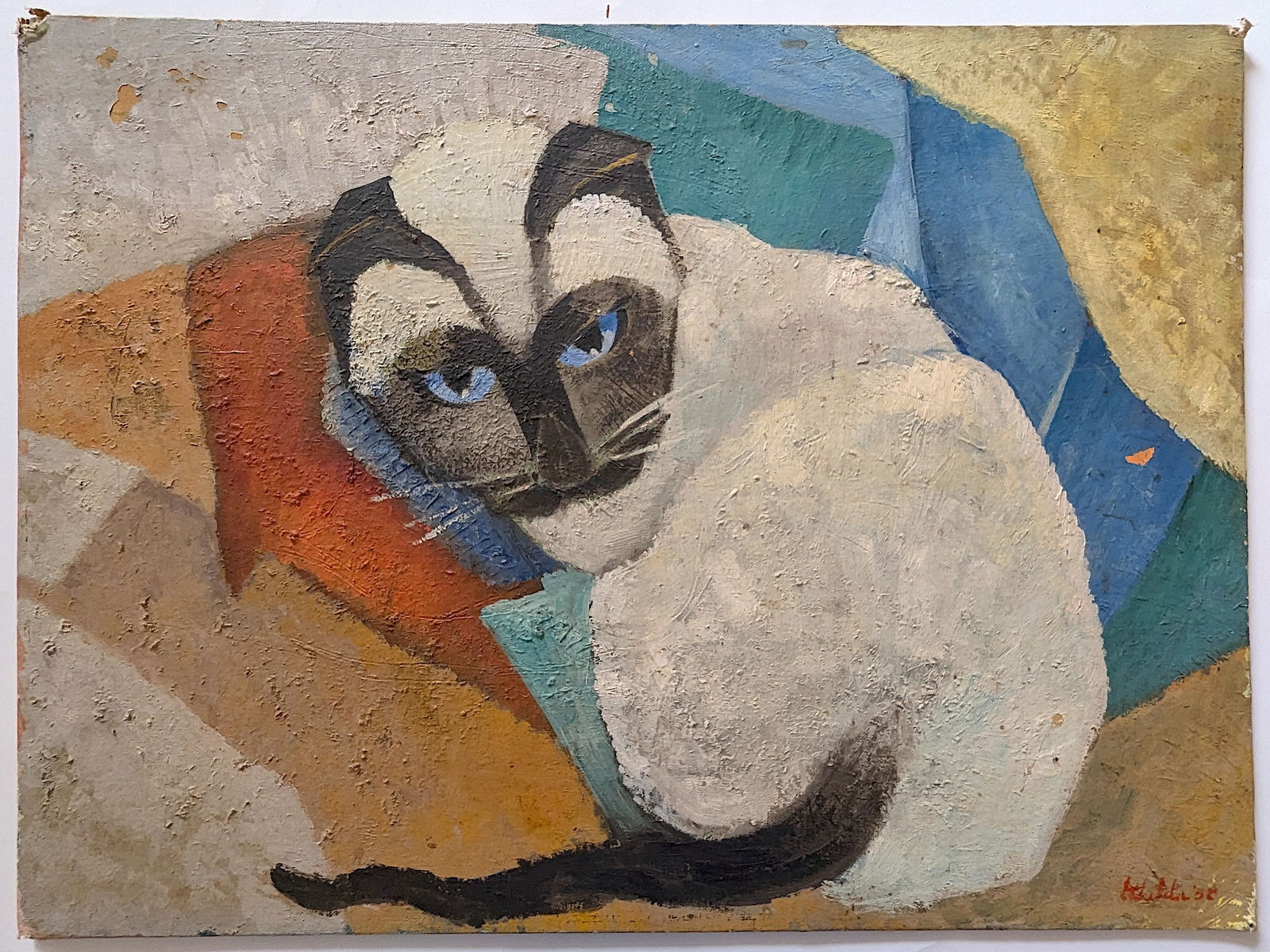 Vintage American Oil on Canvas/Board  with Cat Signed 1958 (1 of 6)