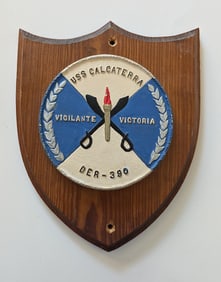 Vintage Military Wood Base Plaque USS CALCATERRA DER-390