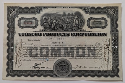 Original Common Stock Cert. Tobacco Products Corporation 25 Shares