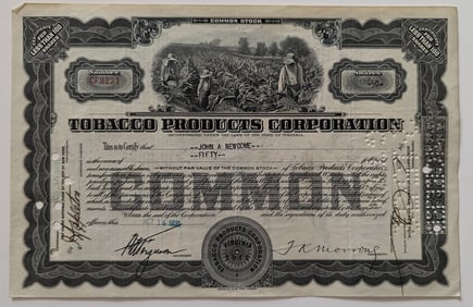 Original Common Stock Cert. Tobacco Products Corporation 50 Shares
