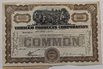 Without Value Common Stock Cert. Tobacco Products Corporation 50 Shares