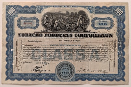 Without Value Common Stock Cert. Tobacco Products Corporation 100 Shares