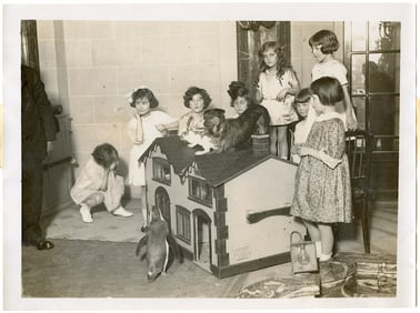 Vintage rare Photo Girls with Penguin in Doll House