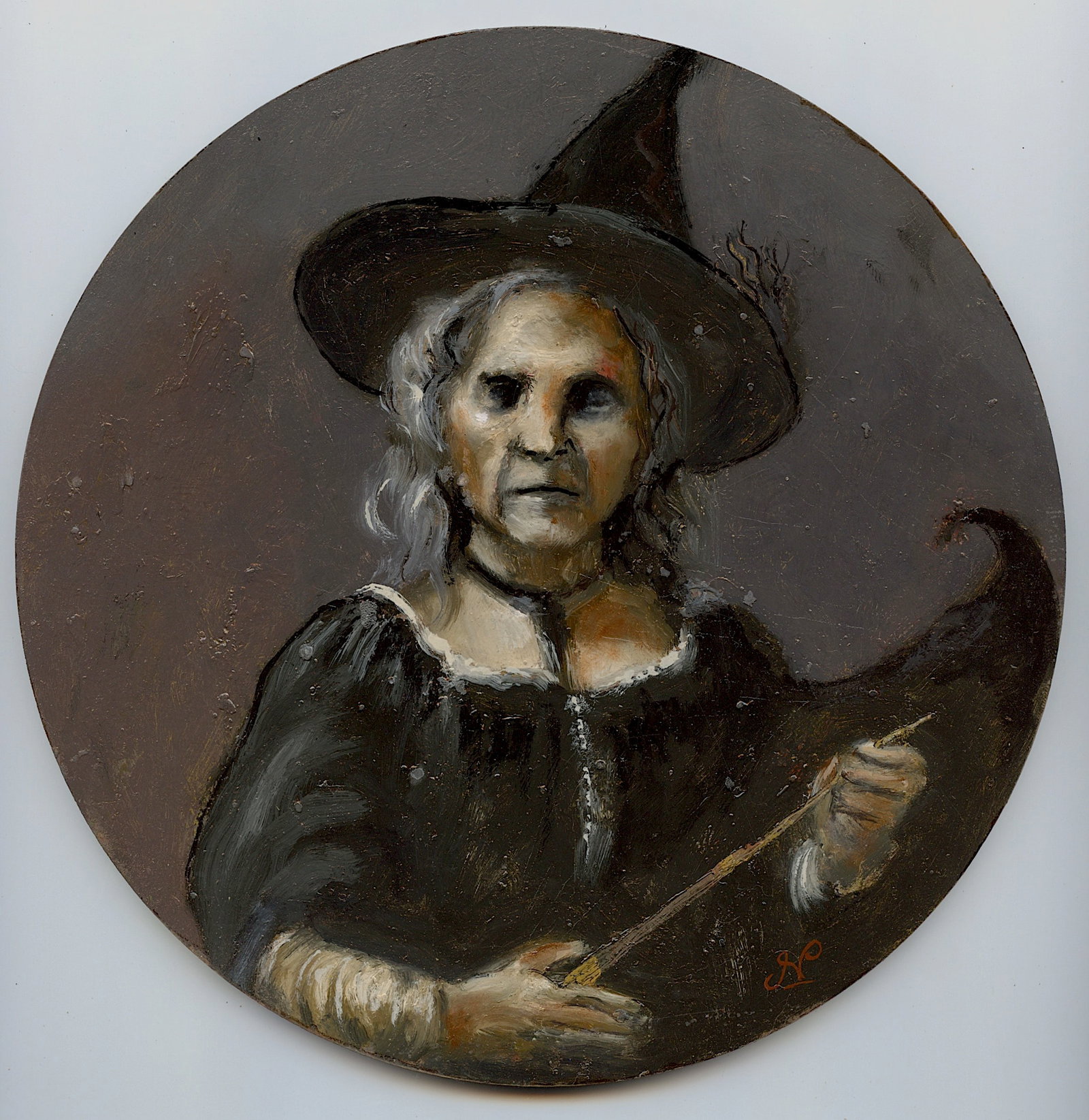 Original Art Halloween Painting NICOLAUS PINXIT Listed: Nicolaux is a prominent Colombian artist following and amphasizing drama and depth, the Renaissance techniques of tenebrism chiaroscuro artists like the Italian Caravaggio (1571 - 1610) and later the 
