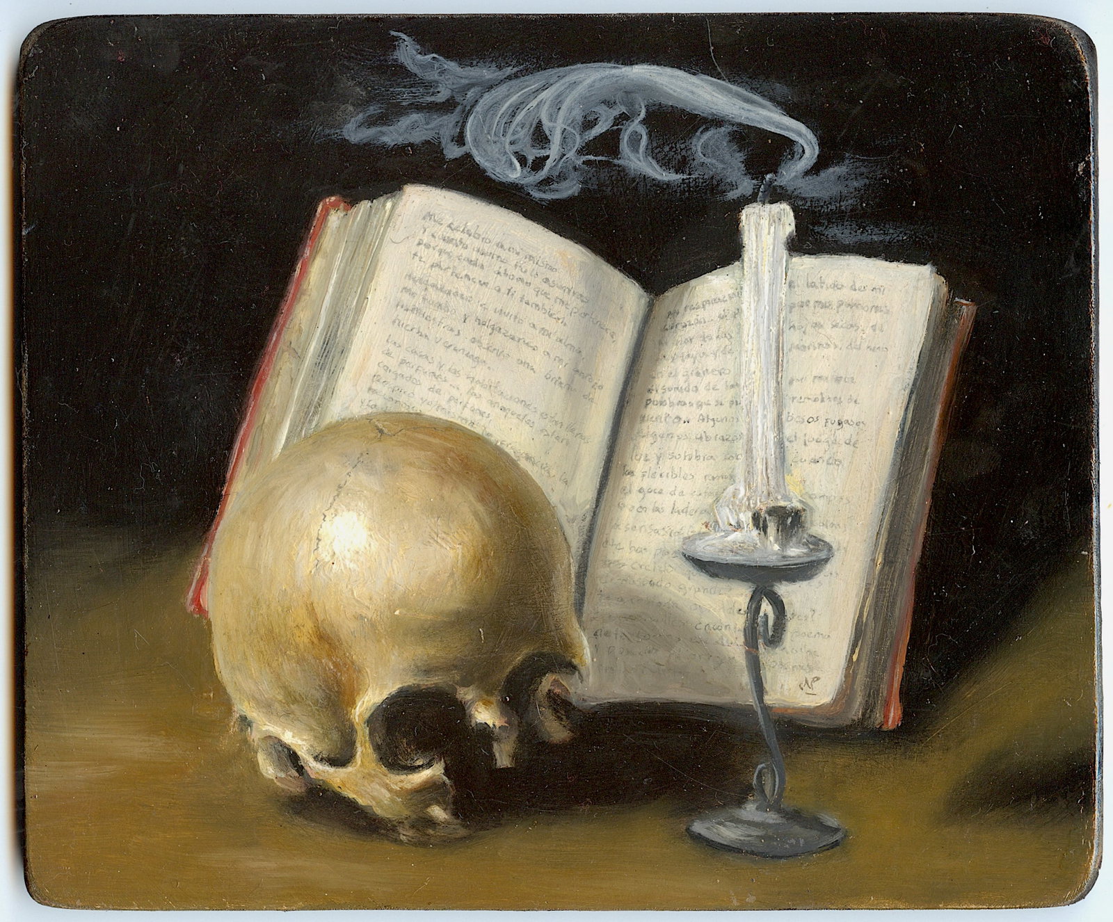 Original Art Halloween Painting NICOLAUS PINXIT Listed: Nicolaux is a prominent Colombian artist following and amphasizing drama and depth, the Renaissance techniques of tenebrism chiaroscuro artists like the Italian Caravaggio (1571 - 1610) and later the 