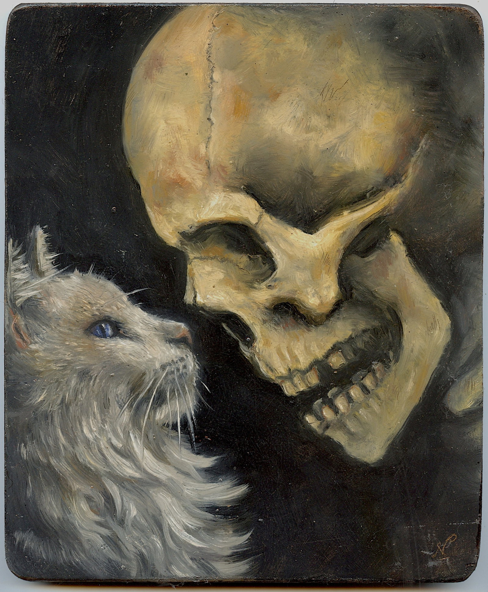 Original Art Halloween Painting NICOLAUS PINXIT Listed: Nicolaux is a prominent Colombian artist following and amphasizing drama and depth, the Renaissance techniques of tenebrism chiaroscuro artists like the Italian Caravaggio (1571 - 1610) and later the 