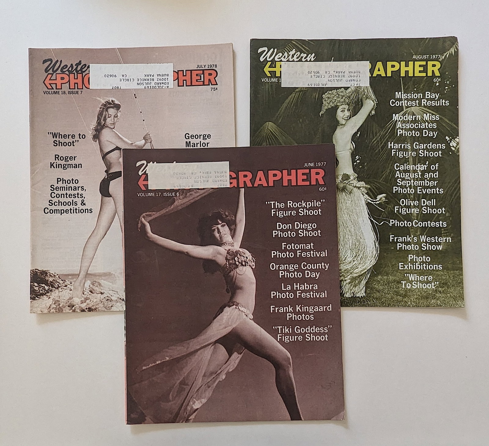 Set 3 Vintage Magazines WESTERN PHOTOGRAPHER, 1970s: This lot is coming from Bunny Yeager's estate/archives. Linnea Eleanor "Bunny" Yeager (March 13, 1929 - May 24, 2014) was an American photographer and pin-up model. She met Bettie Page in 1954, and to