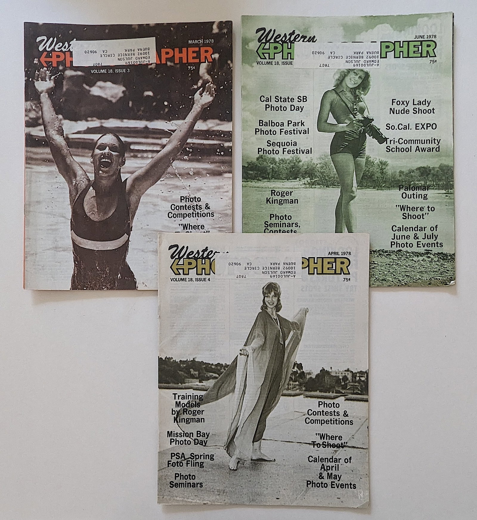 Set 3 Vintage Magazines WESTERN PHOTOGRAPHER, 1970s: This lot is coming from Bunny Yeager's estate/archives. Linnea Eleanor "Bunny" Yeager (March 13, 1929 - May 24, 2014) was an American photographer and pin-up model. She met Bettie Page in 1954, and to