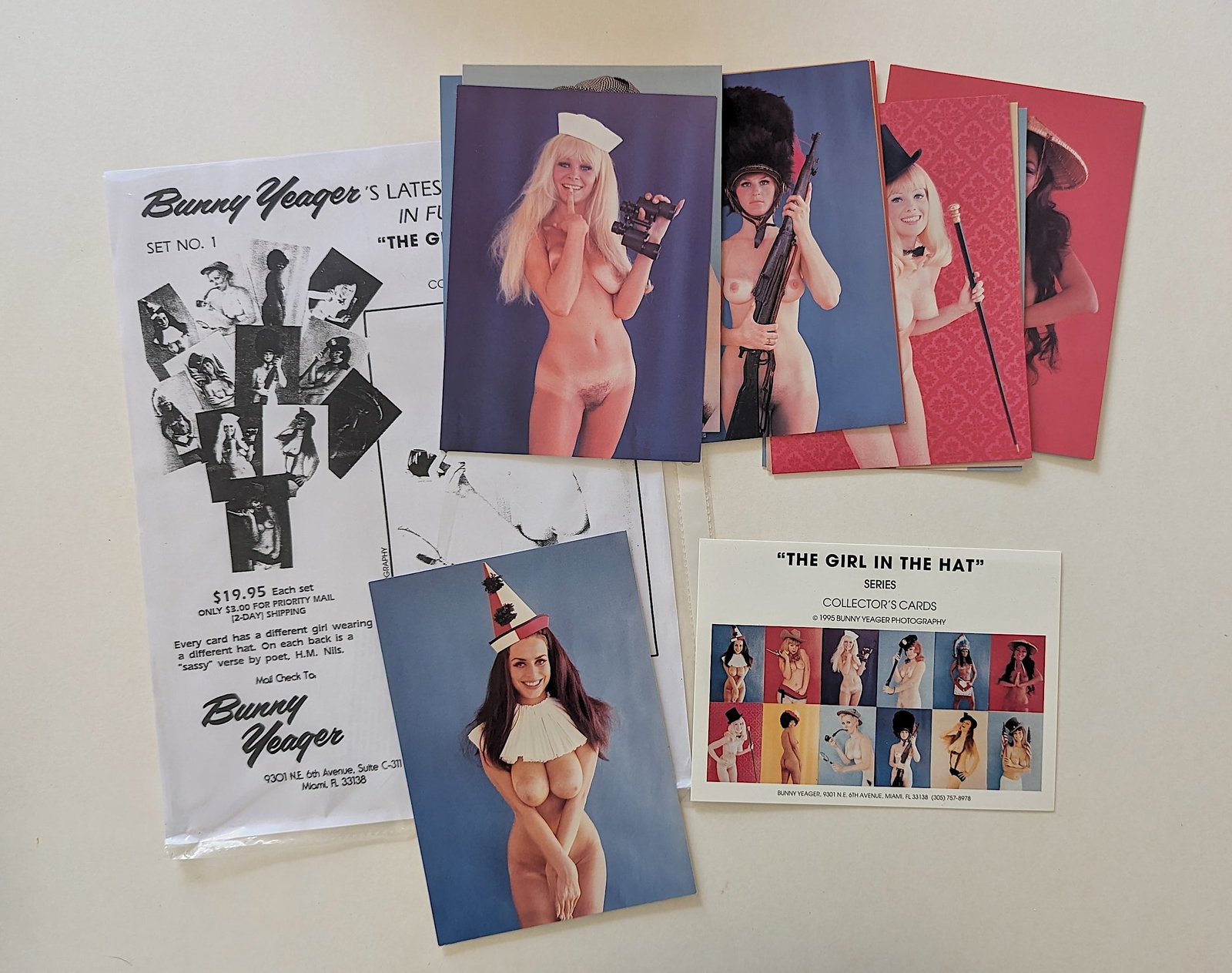 Original BUNNY YEAGER Collector's Cards THE GIRL IN THE HAT: This lot is coming from Bunny Yeager's estate/archives. Linnea Eleanor "Bunny" Yeager (March 13, 1929 - May 24, 2014) was an American photographer and pin-up model. She met Bettie Page in 1954, and to