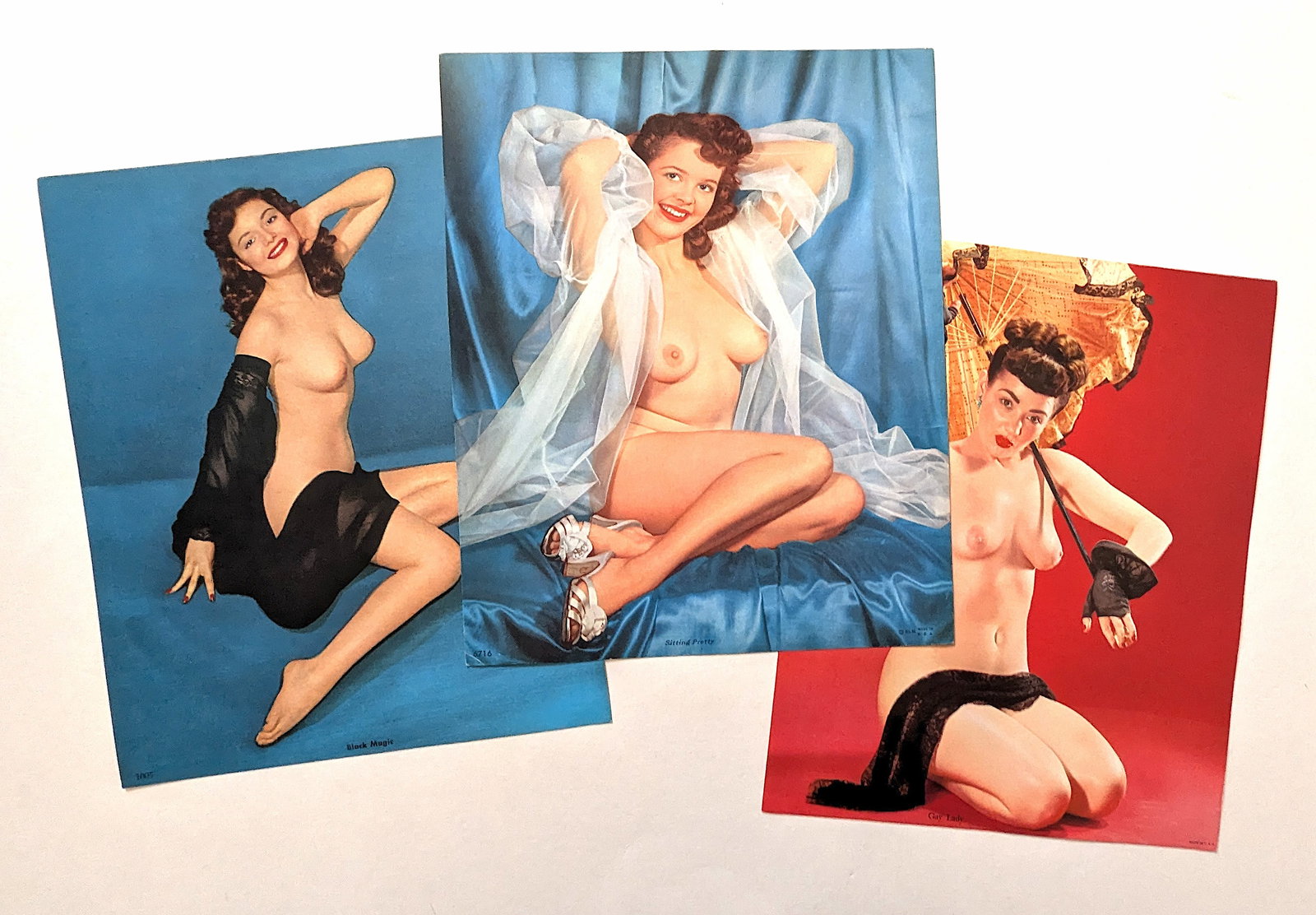 Set 3 Original Pin-Up Lithos Nude Females for Calendar 1930s: The provenance of this lot is from the estate of "Speakeasy Antiques" in New York. We have included quality scans to show it's actual condition. This lot is located in Boca Raton, Fl and its shipment 