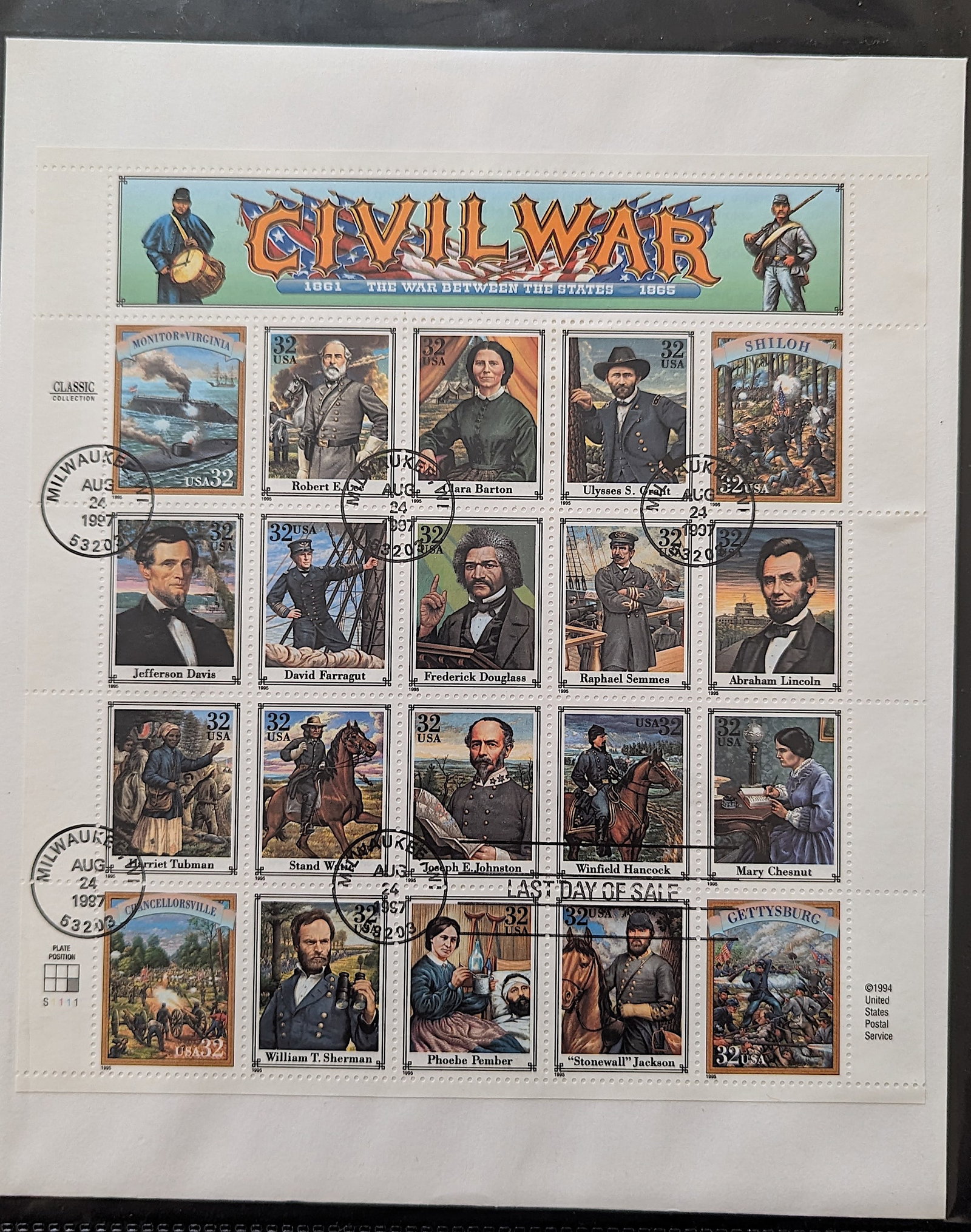 1994 commemorative Civil War stamps,sheet of (20) stamps,32 cent: The provenance of this lot is from the estate of "Speakeasy Antiques" in New York. We have included quality scans to show it's actual condition. This lot is located in Boca Raton, Fl and its shipment 