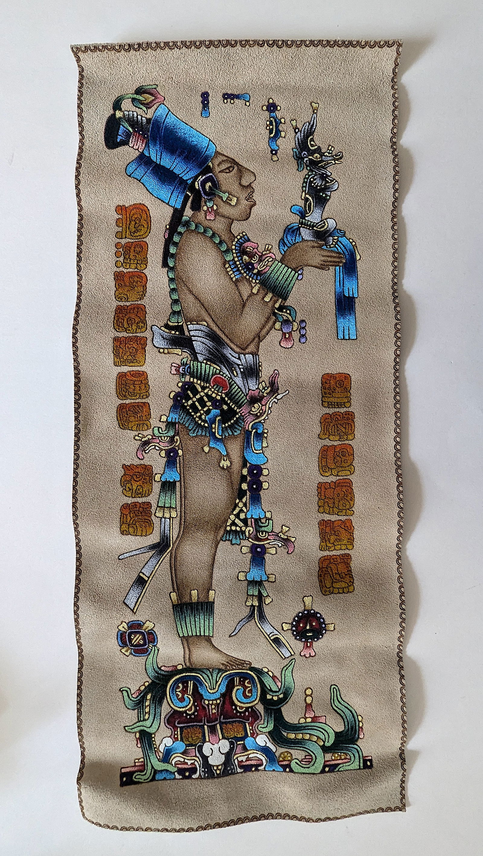 Mexico Mayan Pyrography Leather Painting  23.5" x 10" (1 of 2)