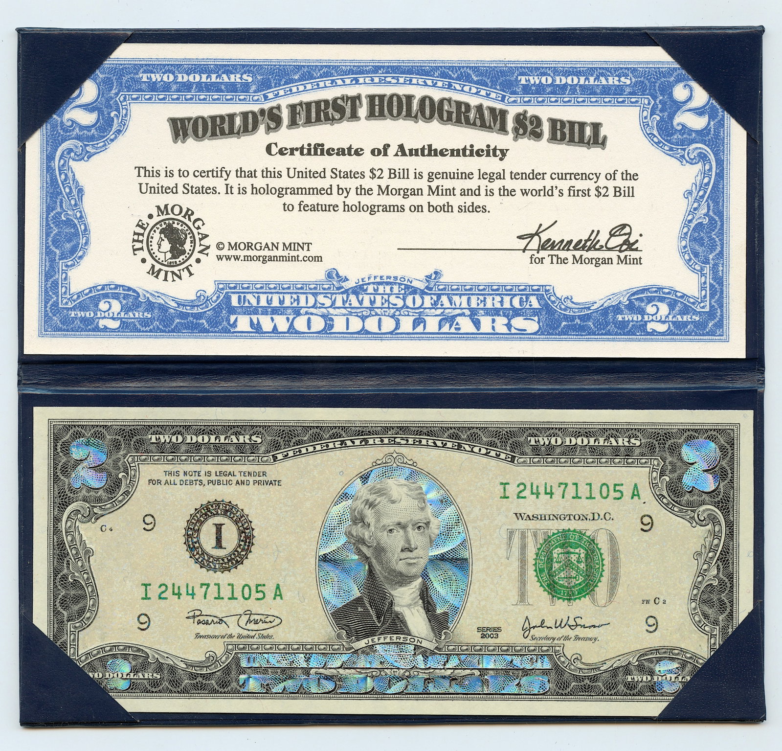 Currency Collectors Two Dollars Hologram, 2003: Provenance from a deceased Collector in South Florida. We have included quality images to show it's actual condition. This lot is located in Boca Raton, Fl and its shipment will be made directly by Ar