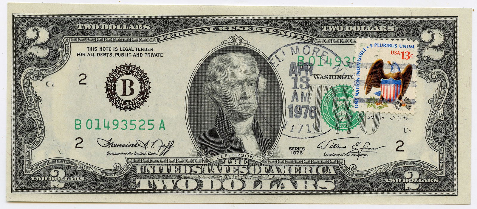 1976 $2 TWO DOLLAR BILL UNCIRCULATED Eagle Stamp: Provenance from a deceased Collector in South Florida. We have included quality images to show it's actual condition. This lot is located in Boca Raton, Fl and its shipment will be made directly by Ar