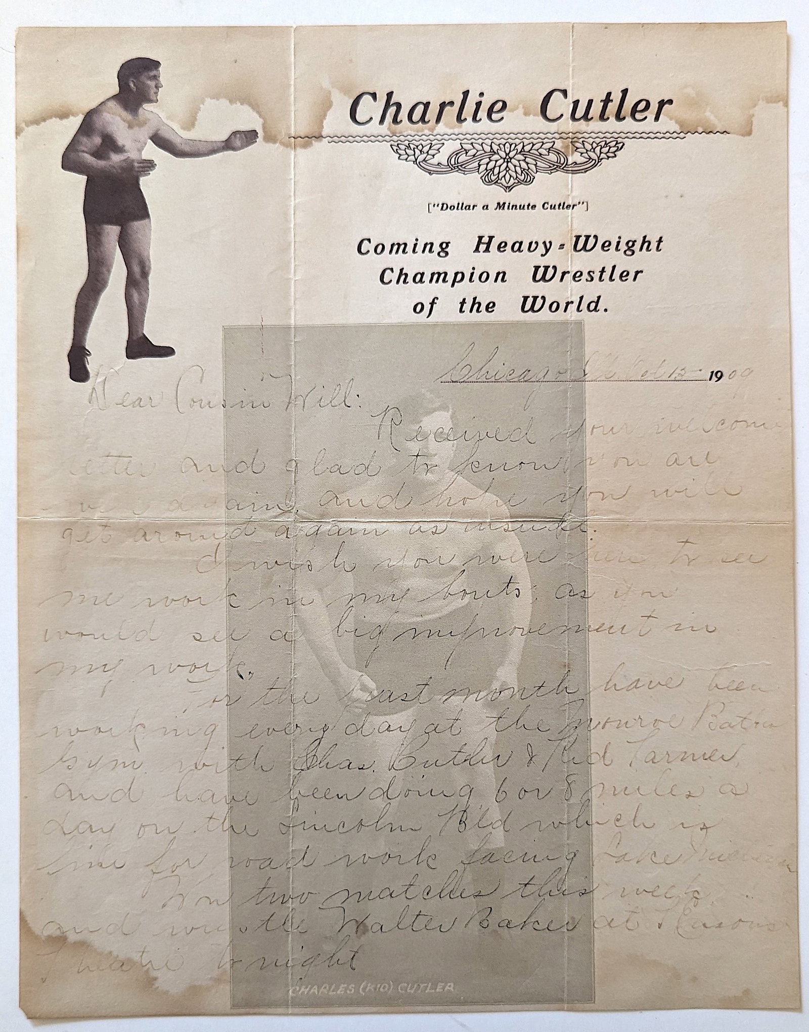 1909 Very Rare CHARLIE CUTLER Wrestling Hand Written Letter: The provenance of this lot is from a quality collector in Palm Beach.". We have included quality scans to show it's actual condition. This lot is located in Boca Raton, Fl and its shipment will be mad