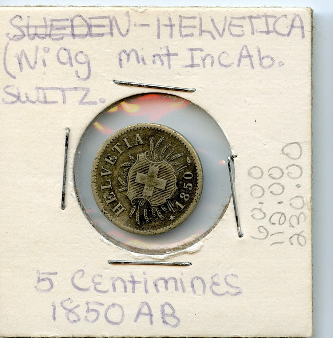 Collectors Circulated Coin Helvetia 5 Centms 1850 AB: Provenance from a deceased Collector in South Florida. We have included quality images to show it's actual condition. This lot is located in Boca Raton, Fl and its shipment will be made directly by Ar