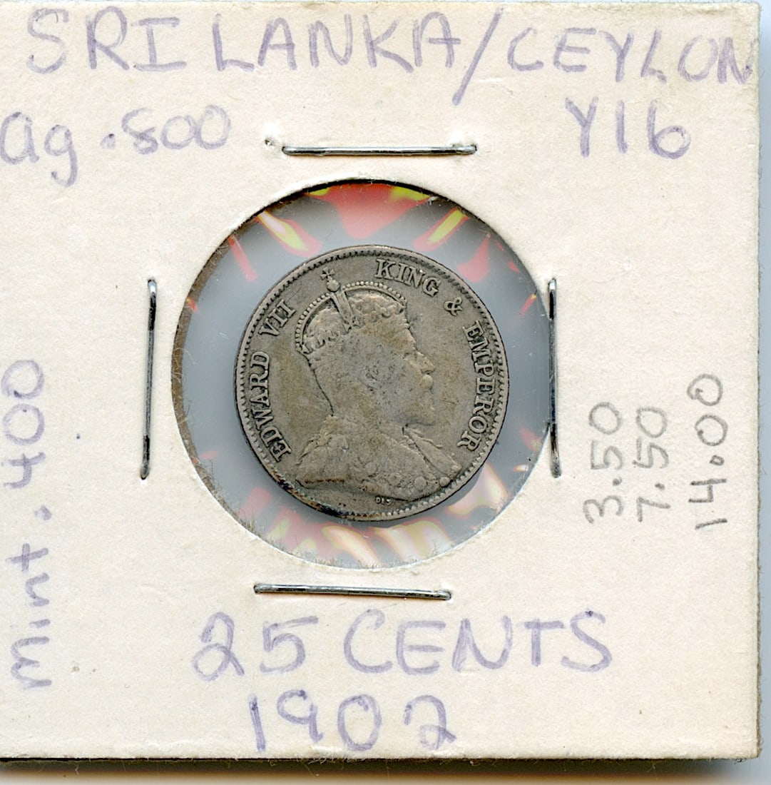 Collectors Circulated Coin Sri Lanka / Ceylon Ag 25 cents 1902 (1 of 2)