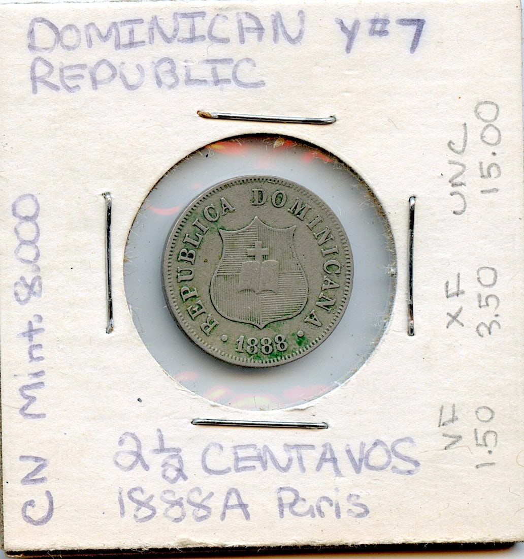 Collectors Circulated Coin Dominican Reoublic 2 1/2 Cents 1888 A: Provenance from a deceased Collector in South Florida. We have included quality images to show it's actual condition. This lot is located in Boca Raton, Fl and its shipment will be made directly by Ar