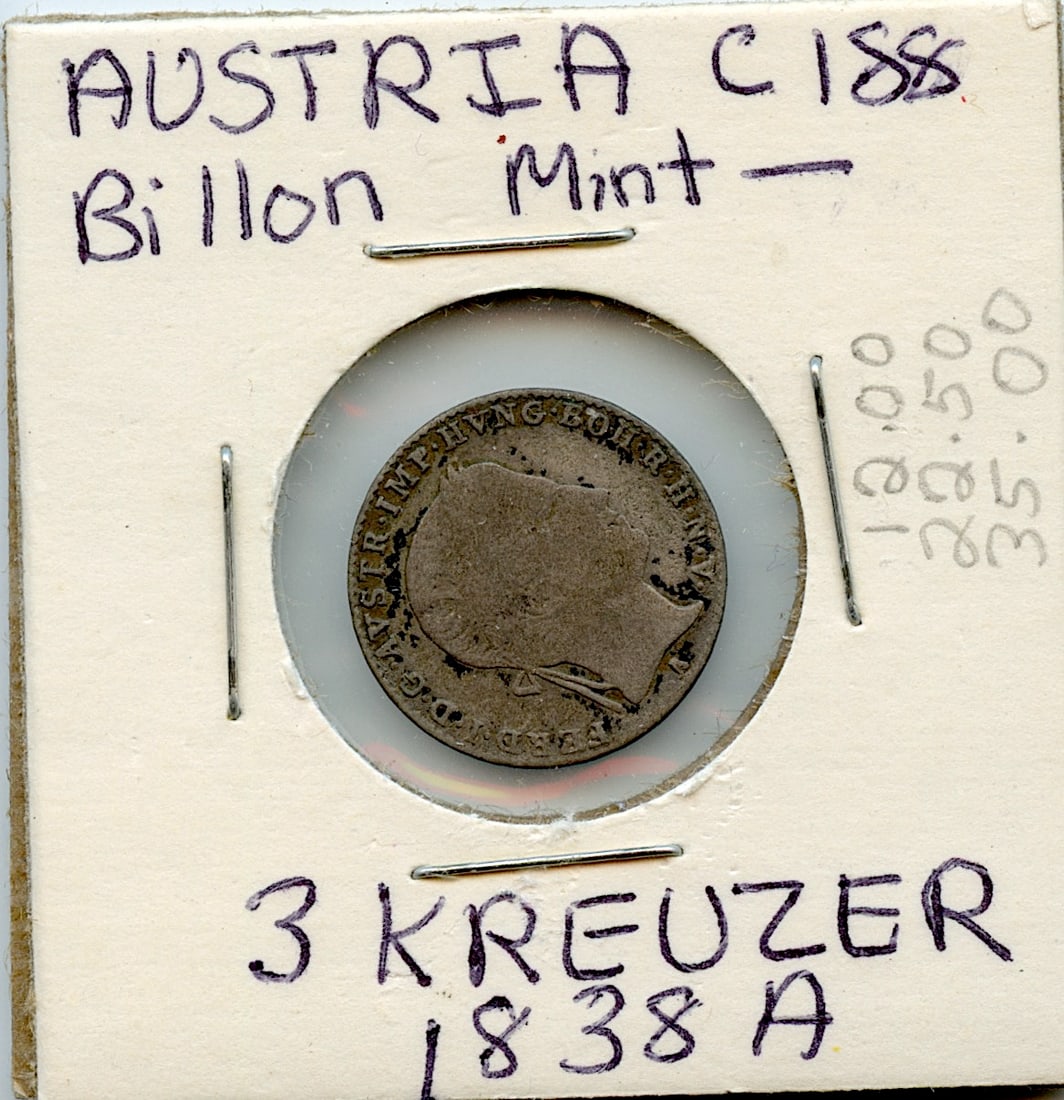 Collectors Circulated Coin Austria 3 Kreuzer 1838 A (1 of 2)