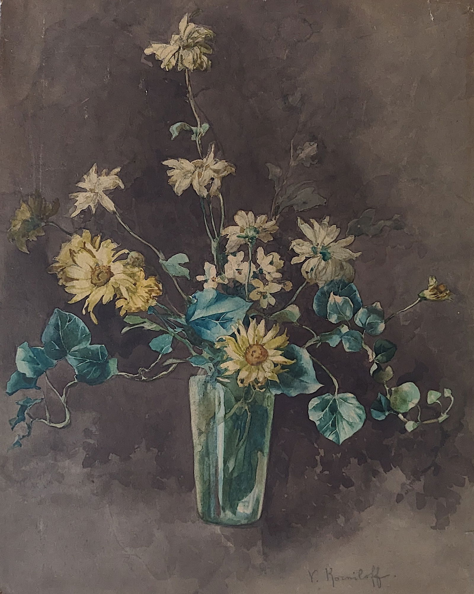 VALERIE KORNILOFF WC Art with Flowers Bouquet Russian: Valeria Korniloff was a Russian immigrant who came to the United States after the fall of the Tsar and the communist takeover. Her husband went back to Russia, but she stayed in the United States and