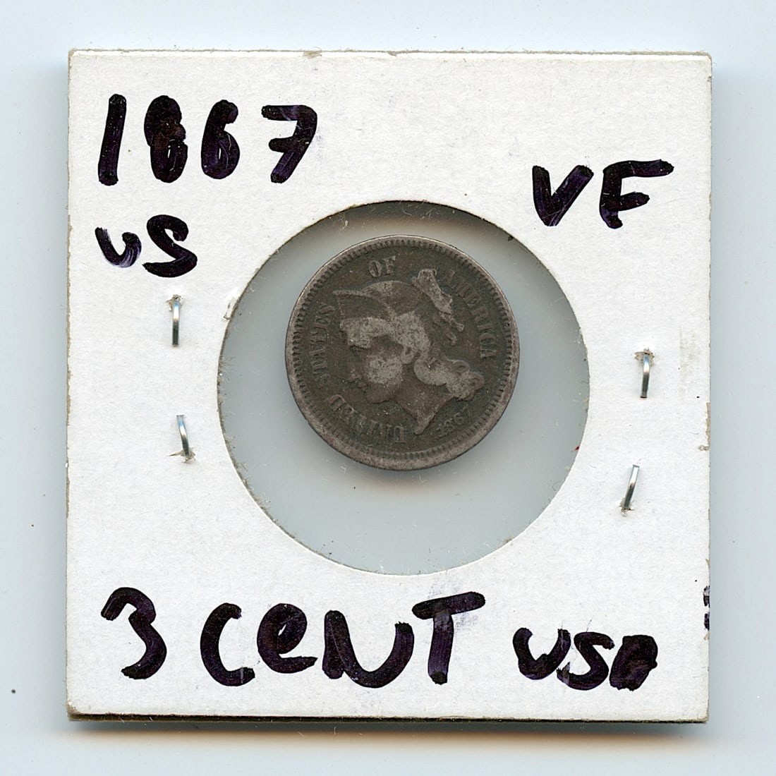 Coin Collectors 1867 US 3 Cents VF (1 of 2)