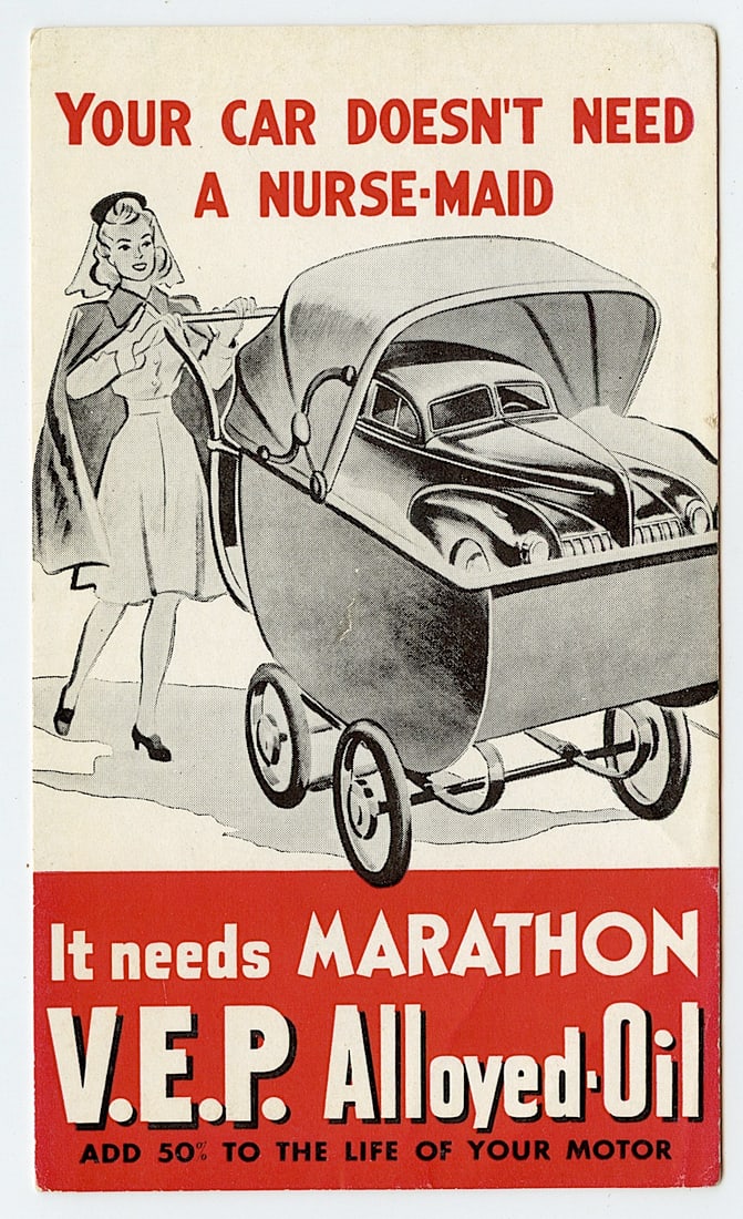 Vintage Advertising Tradecard MARATHON V.E.P. Alloyed-Oil: The dimensions are Approx. 6" x 3.5". This lot is coming from the estate of a collector in PBC. We have included a quality scan to show it's actual condition. This lot is located in Boca Raton, Fl and