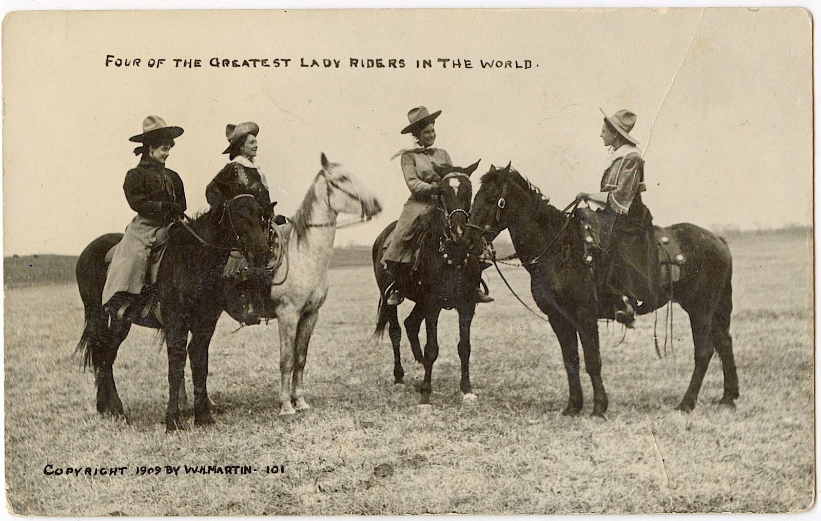 Vintage Real Photo Postcard Cowgirls by W. H. Martin Ca. 1909: The provenance of this lot is from a quality collector in LA, California. We have included a quality scan to show it's actual condition. The dimensions of a vintage postcard are Approx. 5.5" x 3.5" (s