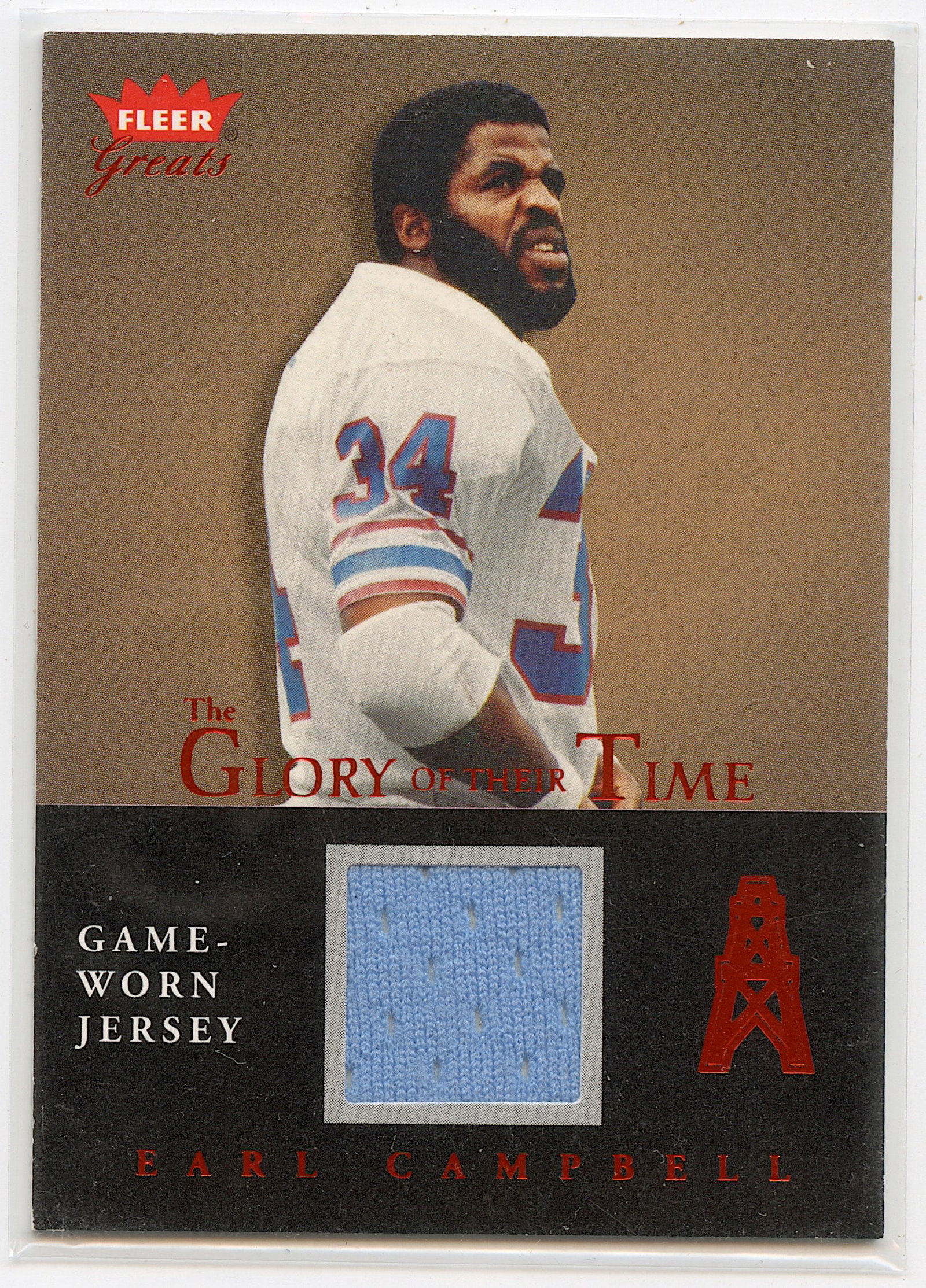2004 Earl Campbell Patch Worn Jersey Houston Oilers Fleer Greats: The provenance of this lot is from a quality collector in LA, California. We have included a quality scan to show it's actual condition.. This lot is located in Boca Raton, Fl and its shipment will be