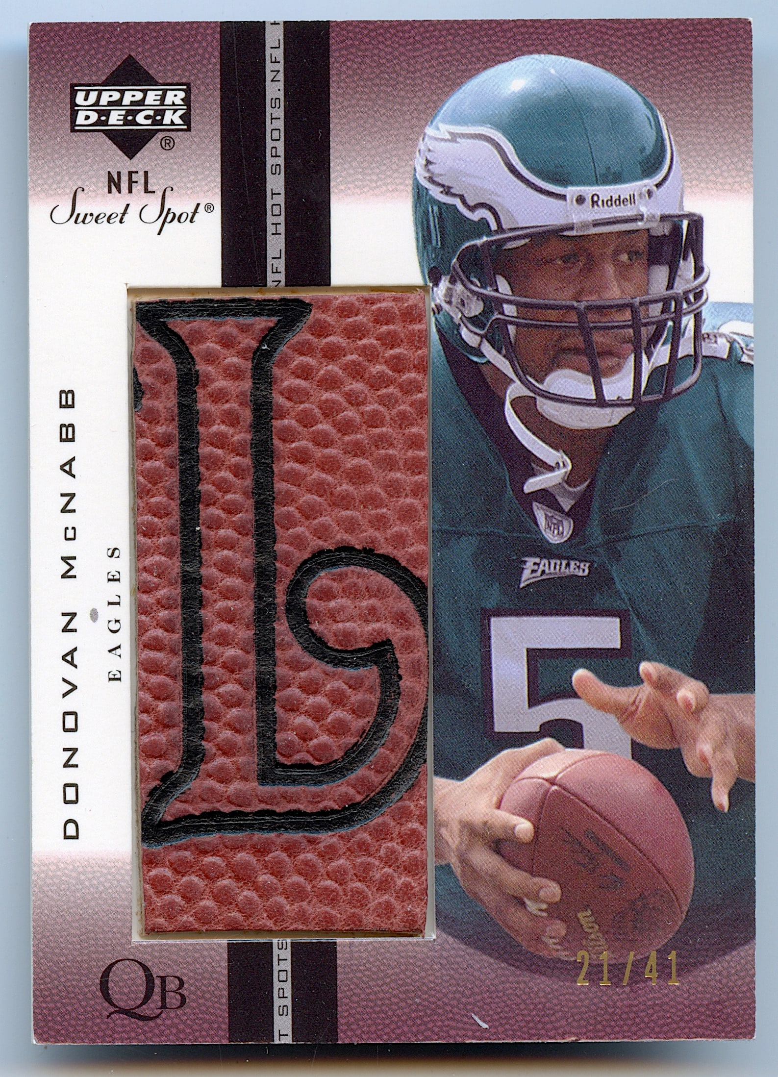 2002 DONOVAN McNABB # HS-DM Piece of Football: The provenance of this lot is from a quality collector in LA, California. We have included a quality scan to show it's actual condition.. This lot is located in Boca Raton, Fl and its shipment will be