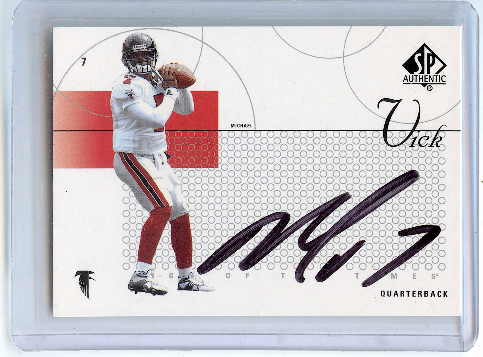 2002 Football Sign of the TImes Autograph #ST-MV Michael Vick: The provenance of this lot is from a quality collector in LA, California. We have included a quality scan to show it's actual condition.. This lot is located in Boca Raton, Fl and its shipment will be