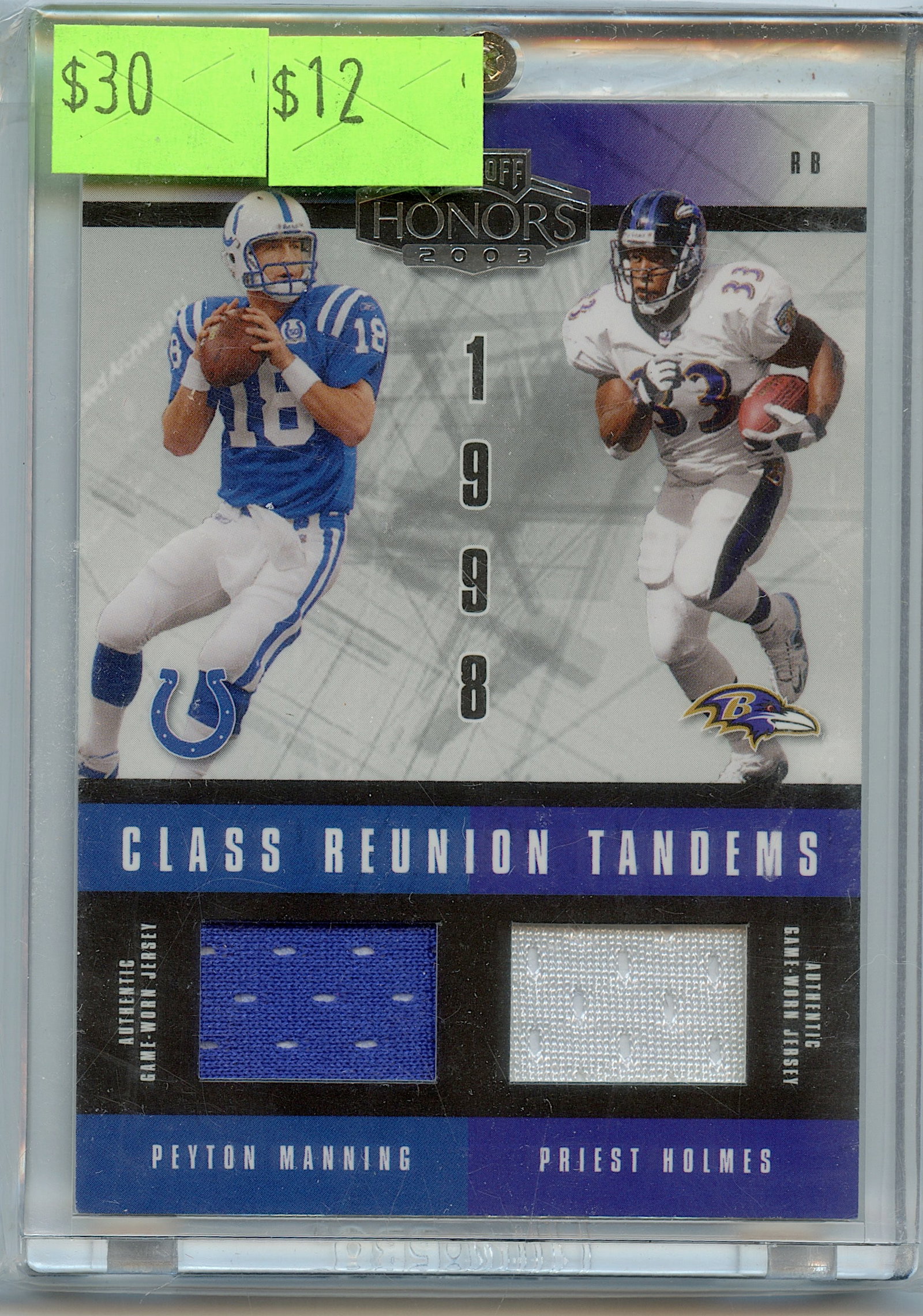 2003 MANNING - HOLMES Jerseys Playoff 053/150 Football: The provenance of this lot is from a quality collector in LA, California. We have included a quality scan to show it's actual condition.. This lot is located in Boca Raton, Fl and its shipment will be