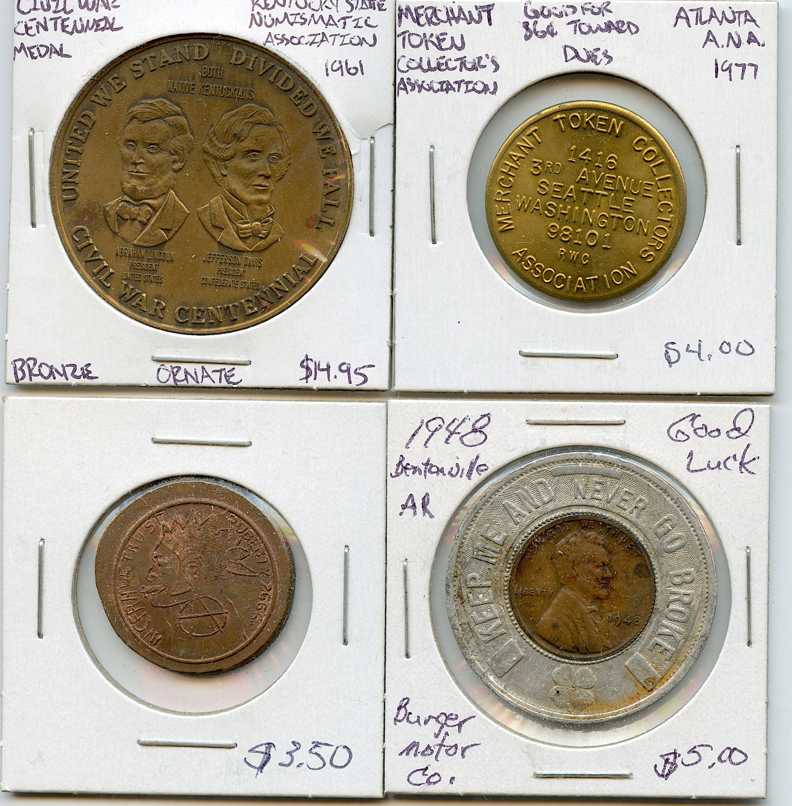 Vintage Set 4 Scarce Medal / Coin / Token Collectors Opportunity: The provenance of this lot is from a quality collector in LA, California. We have included a quality scan to show it's actual condition. We have included quality scans to show it's actual condition. T