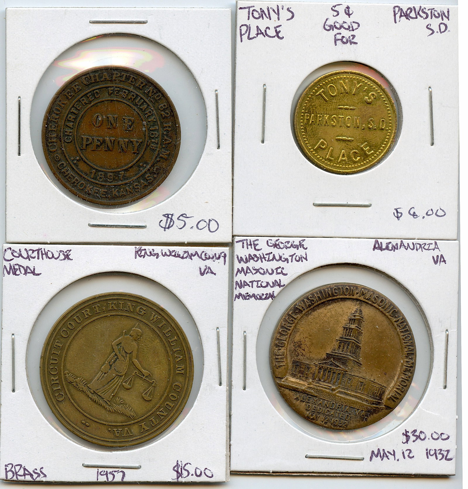 Vintage Set 4 Scarce Medal / Coin / Token Collectors Opportunity: The provenance of this lot is from a quality collector in LA, California. We have included a quality scan to show it's actual condition. We have included quality scans to show it's actual condition. T